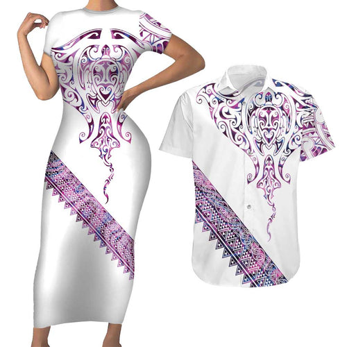 Mawhero Paua shell Kowhaiwhai Taniko Personalised Couples Matching Short Sleeve Bodycon Dress and Hawaiian Shirt Manta Ray Shark-Turtle Maori Tribal Style