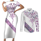 Mawhero Paua shell Kowhaiwhai Taniko Personalised Couples Matching Short Sleeve Bodycon Dress and Long Sleeve Button Shirt Manta Ray Shark-Turtle Maori Tribal Style
