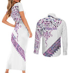 Mawhero Paua shell Kowhaiwhai Taniko Personalised Couples Matching Short Sleeve Bodycon Dress and Long Sleeve Button Shirt Manta Ray Shark-Turtle Maori Tribal Style
