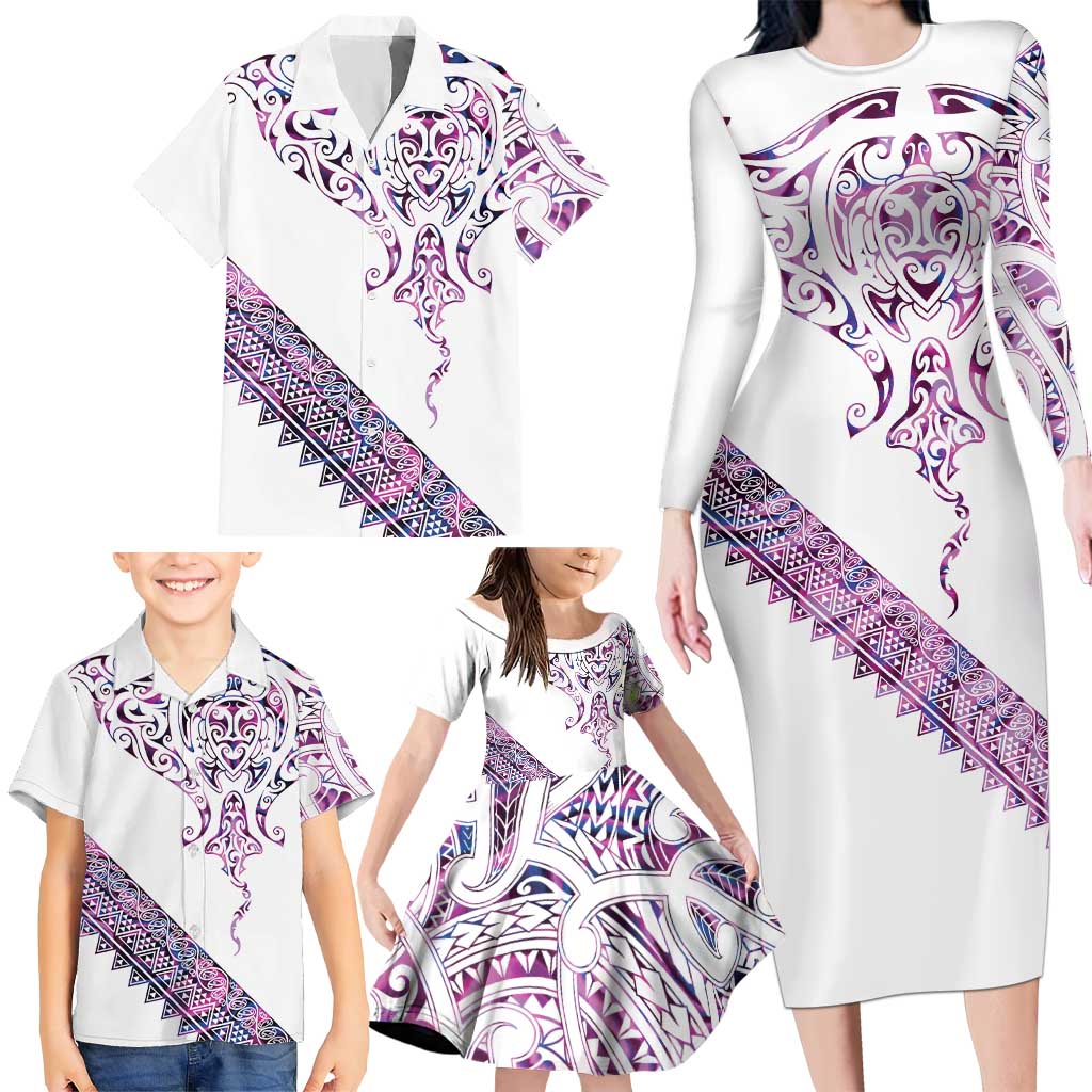 Mawhero Paua shell Kowhaiwhai Taniko Personalised Family Matching Long Sleeve Bodycon Dress and Hawaiian Shirt Manta Ray Shark-Turtle Maori Tribal Style
