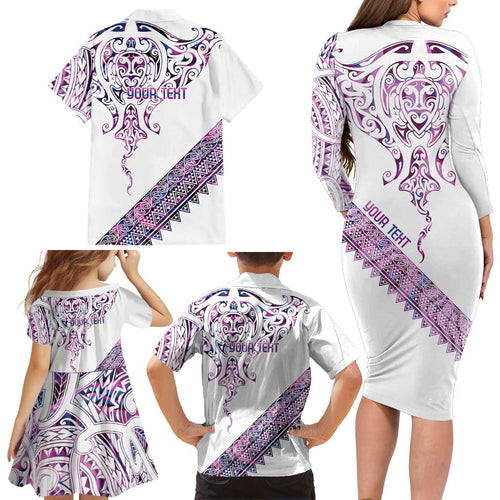 Mawhero Paua shell Kowhaiwhai Taniko Personalised Family Matching Long Sleeve Bodycon Dress and Hawaiian Shirt Manta Ray Shark-Turtle Maori Tribal Style