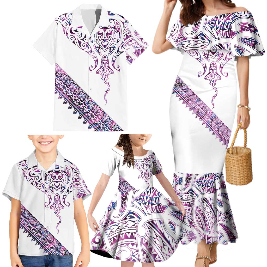 Mawhero Paua shell Kowhaiwhai Taniko Personalised Family Matching Mermaid Dress and Hawaiian Shirt Manta Ray Shark-Turtle Maori Tribal Style