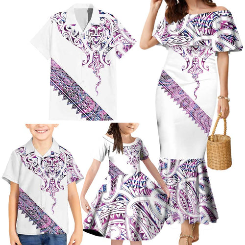 Mawhero Paua shell Kowhaiwhai Taniko Personalised Family Matching Mermaid Dress and Hawaiian Shirt Manta Ray Shark-Turtle Maori Tribal Style