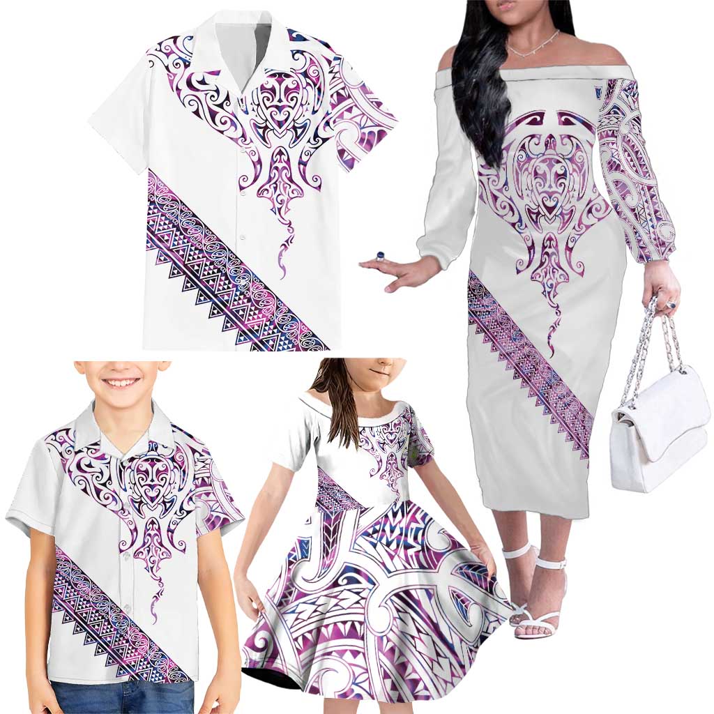 Mawhero Paua shell Kowhaiwhai Taniko Personalised Family Matching Off The Shoulder Long Sleeve Dress and Hawaiian Shirt Manta Ray Shark-Turtle Maori Tribal Style