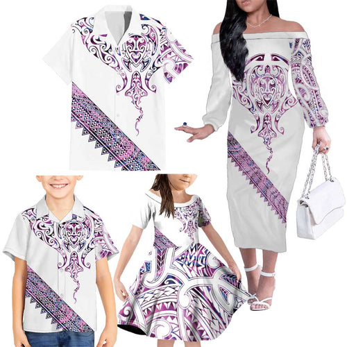 Mawhero Paua shell Kowhaiwhai Taniko Personalised Family Matching Off The Shoulder Long Sleeve Dress and Hawaiian Shirt Manta Ray Shark-Turtle Maori Tribal Style