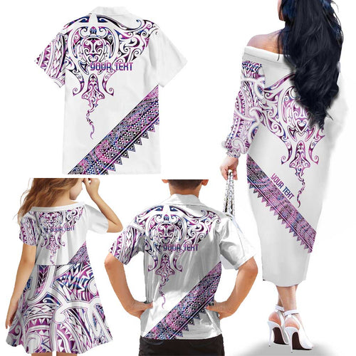 Mawhero Paua shell Kowhaiwhai Taniko Personalised Family Matching Off The Shoulder Long Sleeve Dress and Hawaiian Shirt Manta Ray Shark-Turtle Maori Tribal Style