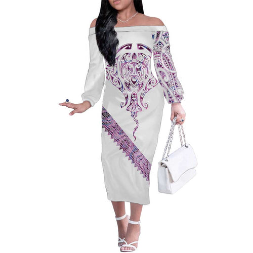 Mawhero Paua shell Kowhaiwhai Taniko Personalised Family Matching Off The Shoulder Long Sleeve Dress and Hawaiian Shirt Manta Ray Shark-Turtle Maori Tribal Style