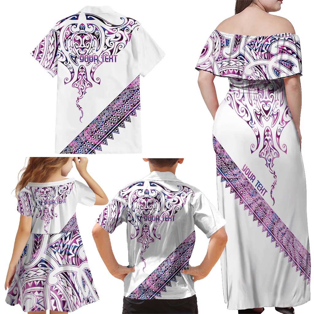 Mawhero Paua shell Kowhaiwhai Taniko Personalised Family Matching Off Shoulder Maxi Dress and Hawaiian Shirt Manta Ray Shark-Turtle Maori Tribal Style