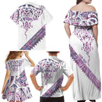Mawhero Paua shell Kowhaiwhai Taniko Personalised Family Matching Off Shoulder Maxi Dress and Hawaiian Shirt Manta Ray Shark-Turtle Maori Tribal Style