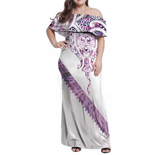 Mawhero Paua shell Kowhaiwhai Taniko Personalised Family Matching Off Shoulder Maxi Dress and Hawaiian Shirt Manta Ray Shark-Turtle Maori Tribal Style