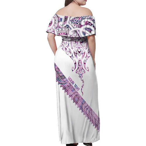 Mawhero Paua shell Kowhaiwhai Taniko Personalised Family Matching Off Shoulder Maxi Dress and Hawaiian Shirt Manta Ray Shark-Turtle Maori Tribal Style