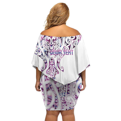 Mawhero Paua shell Kowhaiwhai Taniko Personalised Family Matching Off Shoulder Short Dress and Hawaiian Shirt Manta Ray Shark-Turtle Maori Tribal Style
