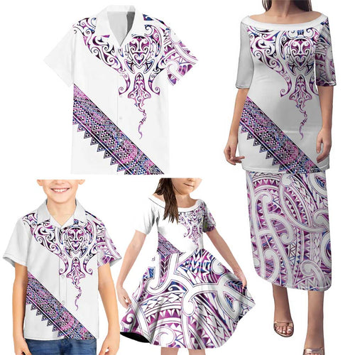 Mawhero Paua shell Kowhaiwhai Taniko Personalised Family Matching Puletasi and Hawaiian Shirt Manta Ray Shark-Turtle Maori Tribal Style