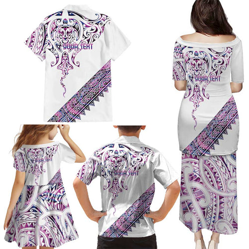 Mawhero Paua shell Kowhaiwhai Taniko Personalised Family Matching Puletasi and Hawaiian Shirt Manta Ray Shark-Turtle Maori Tribal Style
