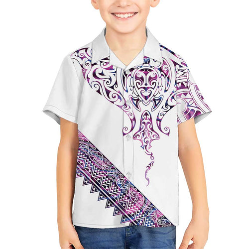 Mawhero Paua shell Kowhaiwhai Taniko Personalised Kid Hawaiian Shirt Manta Ray Shark-Turtle Maori Tribal Style