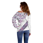 Mawhero Paua shell Kowhaiwhai Taniko Personalised Off Shoulder Sweater Manta Ray Shark-Turtle Maori Tribal Style