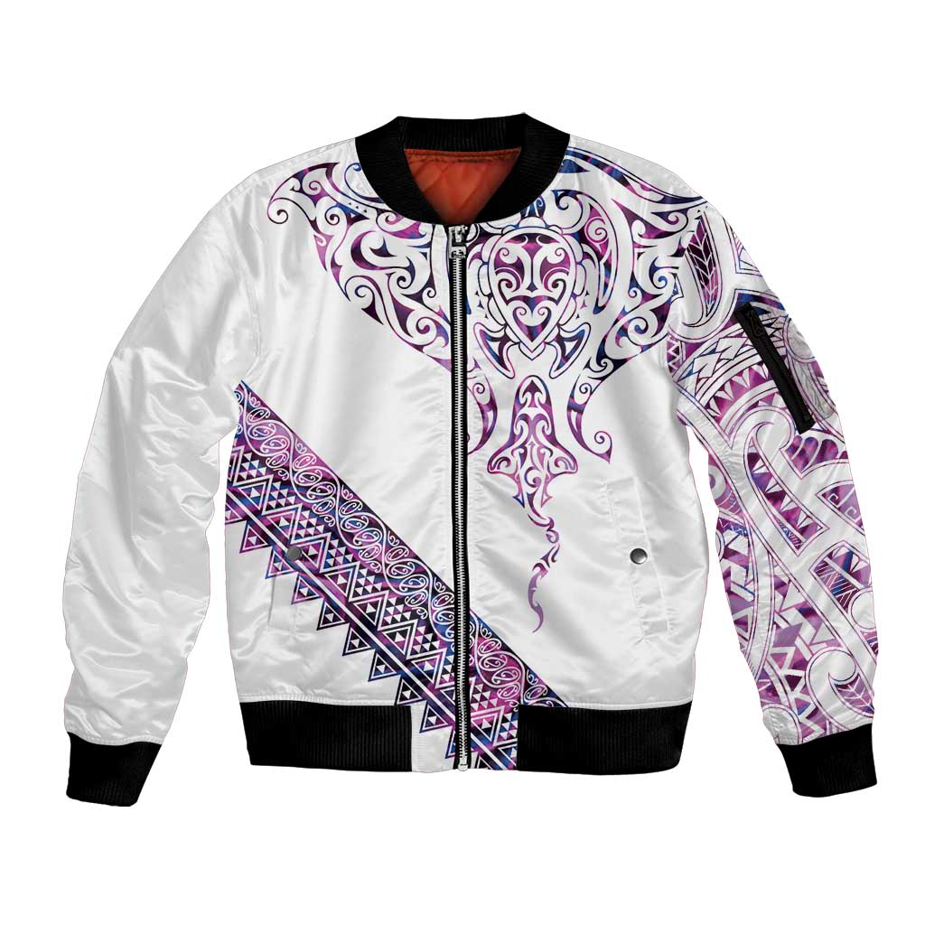 Mawhero Paua shell Kowhaiwhai Taniko Personalised Sleeve Zip Bomber Jacket Manta Ray Shark-Turtle Maori Tribal Style