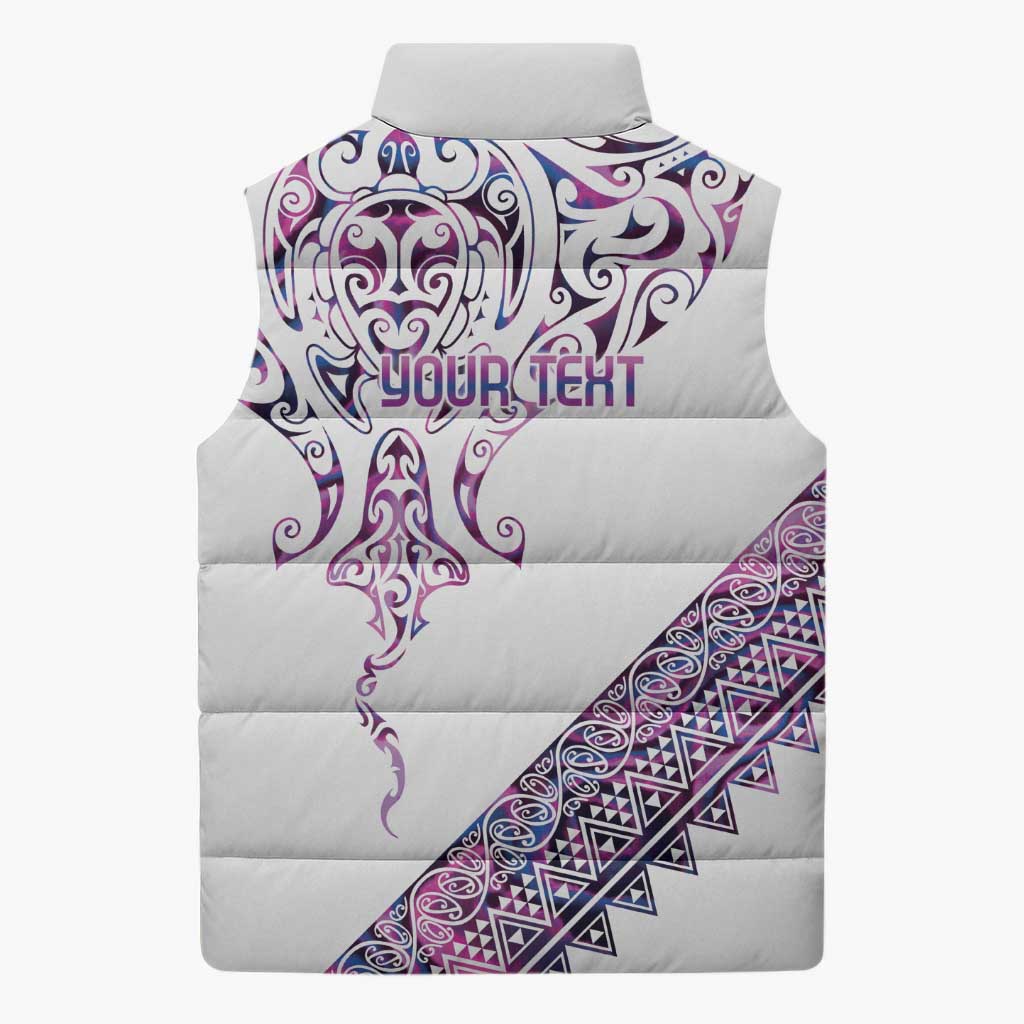 Mawhero Paua shell Kowhaiwhai Taniko Personalised Sleeveless Puffer Jacket Manta Ray Shark-Turtle Maori Tribal Style