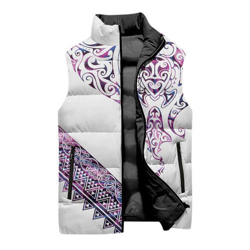 Mawhero Paua shell Kowhaiwhai Taniko Personalised Sleeveless Puffer Jacket Manta Ray Shark-Turtle Maori Tribal Style
