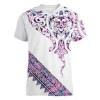 Mawhero Paua shell Kowhaiwhai Taniko Personalised Women V-Neck T-Shirt Manta Ray Shark-Turtle Maori Tribal Style