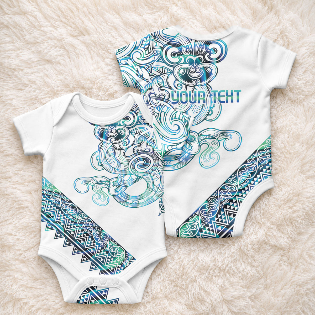 Kahui Whetu Paua shell Kowhaiwhai Taniko Personalised Baby Onesie Taniwha Maori Tribal Style