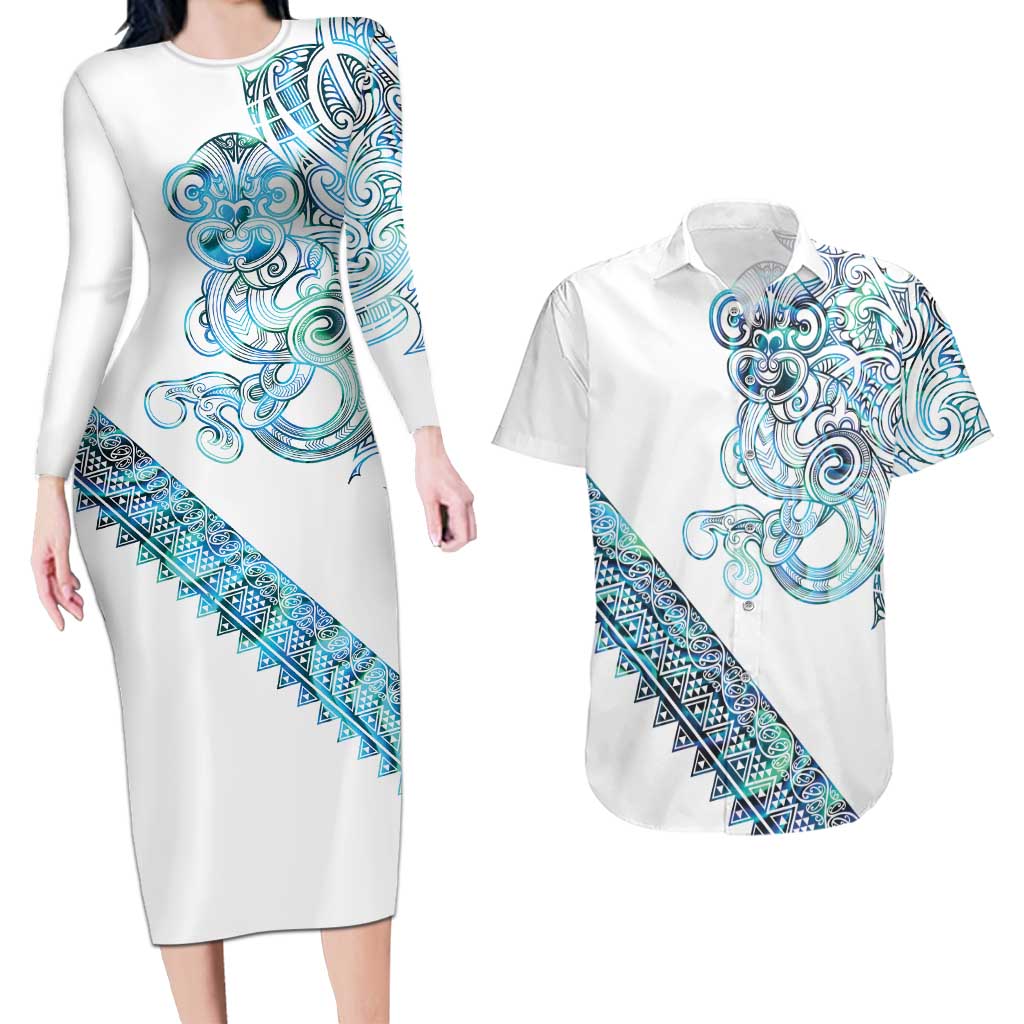 Kahui Whetu Paua shell Kowhaiwhai Taniko Personalised Couples Matching Long Sleeve Bodycon Dress and Hawaiian Shirt Taniwha Maori Tribal Style
