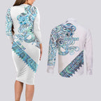 Kahui Whetu Paua shell Kowhaiwhai Taniko Personalised Couples Matching Long Sleeve Bodycon Dress and Long Sleeve Button Shirt Taniwha Maori Tribal Style