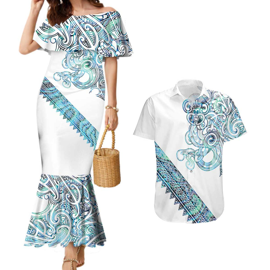 Kahui Whetu Paua shell Kowhaiwhai Taniko Personalised Couples Matching Mermaid Dress and Hawaiian Shirt Taniwha Maori Tribal Style