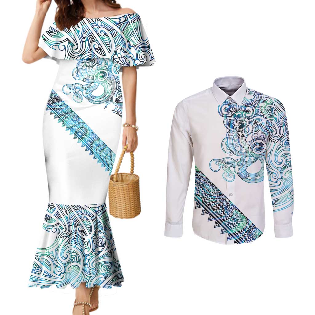 Kahui Whetu Paua shell Kowhaiwhai Taniko Personalised Couples Matching Mermaid Dress and Long Sleeve Button Shirt Taniwha Maori Tribal Style