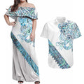 Kahui Whetu Paua shell Kowhaiwhai Taniko Personalised Couples Matching Off Shoulder Maxi Dress and Hawaiian Shirt Taniwha Maori Tribal Style