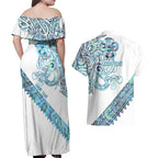 Kahui Whetu Paua shell Kowhaiwhai Taniko Personalised Couples Matching Off Shoulder Maxi Dress and Hawaiian Shirt Taniwha Maori Tribal Style