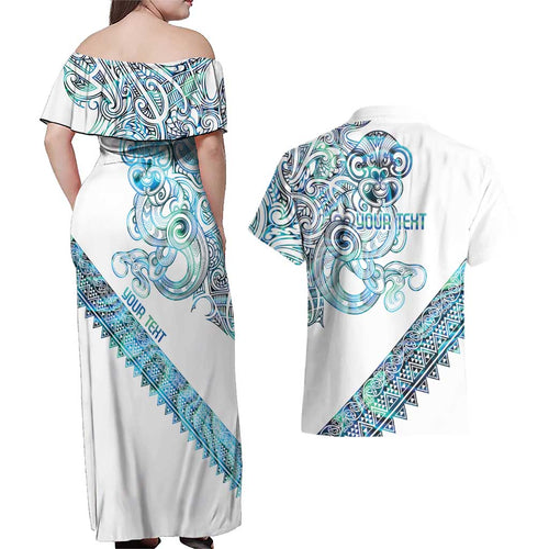 Kahui Whetu Paua shell Kowhaiwhai Taniko Personalised Couples Matching Off Shoulder Maxi Dress and Hawaiian Shirt Taniwha Maori Tribal Style