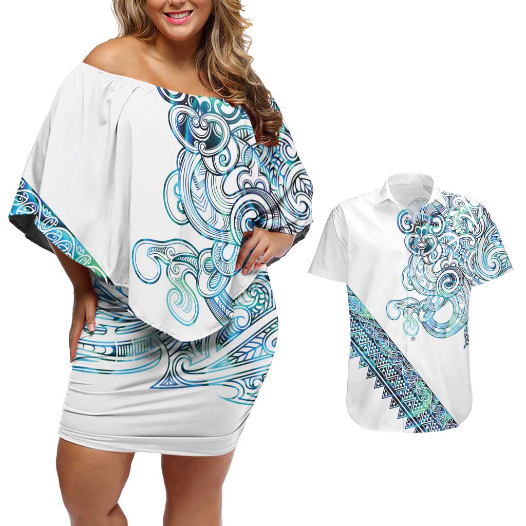 Kahui Whetu Paua shell Kowhaiwhai Taniko Personalised Couples Matching Off Shoulder Short Dress and Hawaiian Shirt Taniwha Maori Tribal Style