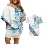 Kahui Whetu Paua shell Kowhaiwhai Taniko Personalised Couples Matching Off Shoulder Short Dress and Hawaiian Shirt Taniwha Maori Tribal Style