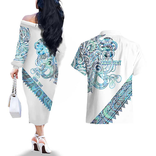 Kahui Whetu Paua shell Kowhaiwhai Taniko Personalised Couples Matching Off The Shoulder Long Sleeve Dress and Hawaiian Shirt Taniwha Maori Tribal Style