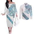 Kahui Whetu Paua shell Kowhaiwhai Taniko Personalised Couples Matching Off The Shoulder Long Sleeve Dress and Long Sleeve Button Shirt Taniwha Maori Tribal Style