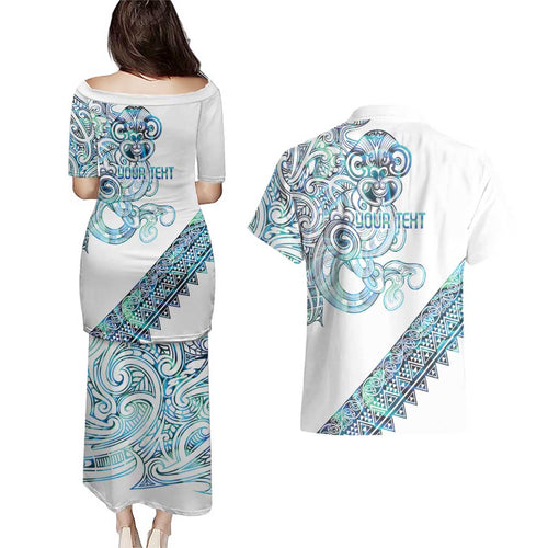 Kahui Whetu Paua shell Kowhaiwhai Taniko Personalised Couples Matching Puletasi and Hawaiian Shirt Taniwha Maori Tribal Style