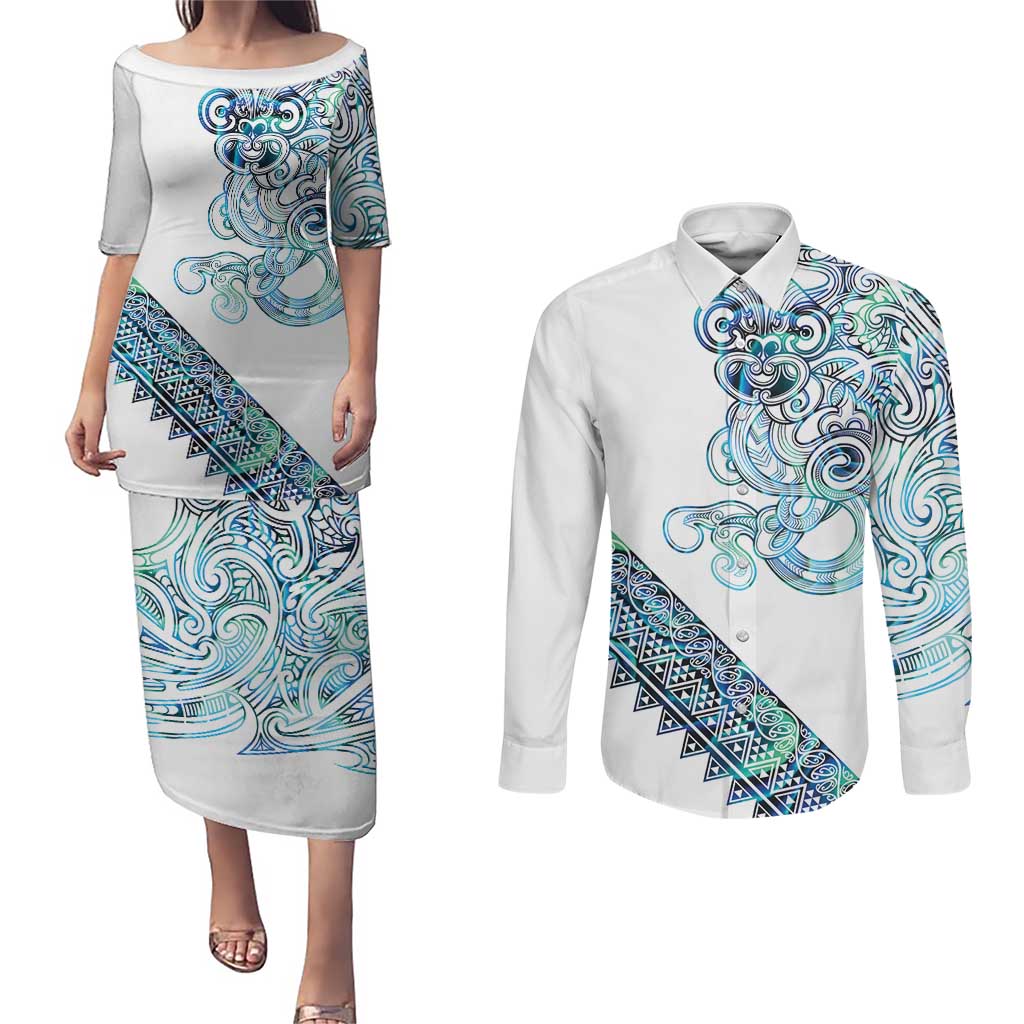 Kahui Whetu Paua shell Kowhaiwhai Taniko Personalised Couples Matching Puletasi and Long Sleeve Button Shirt Taniwha Maori Tribal Style