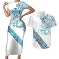 Kahui Whetu Paua shell Kowhaiwhai Taniko Personalised Couples Matching Short Sleeve Bodycon Dress and Hawaiian Shirt Taniwha Maori Tribal Style