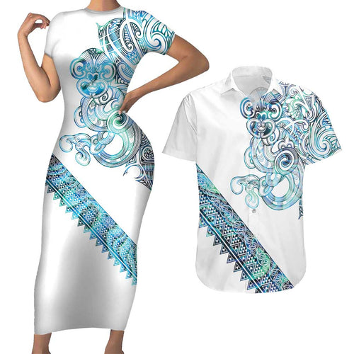Kahui Whetu Paua shell Kowhaiwhai Taniko Personalised Couples Matching Short Sleeve Bodycon Dress and Hawaiian Shirt Taniwha Maori Tribal Style