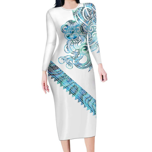 Kahui Whetu Paua shell Kowhaiwhai Taniko Personalised Family Matching Long Sleeve Bodycon Dress and Hawaiian Shirt Taniwha Maori Tribal Style