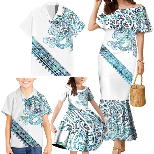 Kahui Whetu Paua shell Kowhaiwhai Taniko Personalised Family Matching Mermaid Dress and Hawaiian Shirt Taniwha Maori Tribal Style