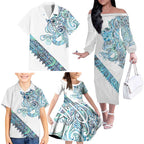 Kahui Whetu Paua shell Kowhaiwhai Taniko Personalised Family Matching Off The Shoulder Long Sleeve Dress and Hawaiian Shirt Taniwha Maori Tribal Style