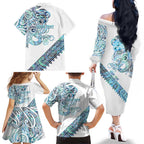 Kahui Whetu Paua shell Kowhaiwhai Taniko Personalised Family Matching Off The Shoulder Long Sleeve Dress and Hawaiian Shirt Taniwha Maori Tribal Style