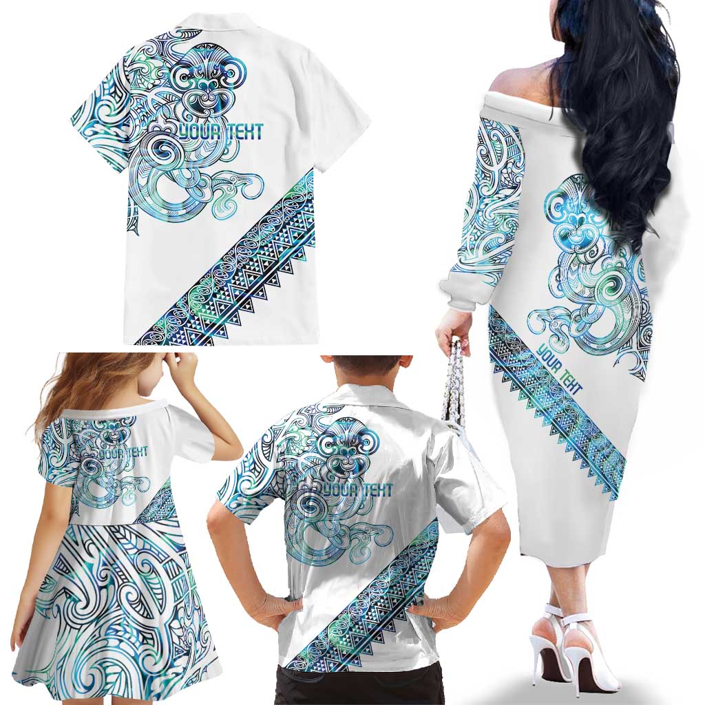 Kahui Whetu Paua shell Kowhaiwhai Taniko Personalised Family Matching Off The Shoulder Long Sleeve Dress and Hawaiian Shirt Taniwha Maori Tribal Style