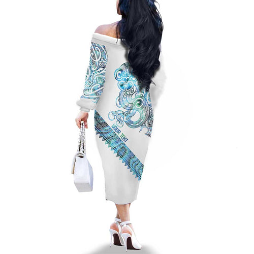 Kahui Whetu Paua shell Kowhaiwhai Taniko Personalised Family Matching Off The Shoulder Long Sleeve Dress and Hawaiian Shirt Taniwha Maori Tribal Style