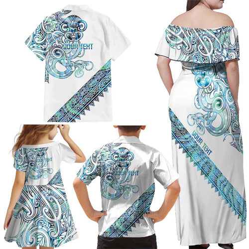 Kahui Whetu Paua shell Kowhaiwhai Taniko Personalised Family Matching Off Shoulder Maxi Dress and Hawaiian Shirt Taniwha Maori Tribal Style