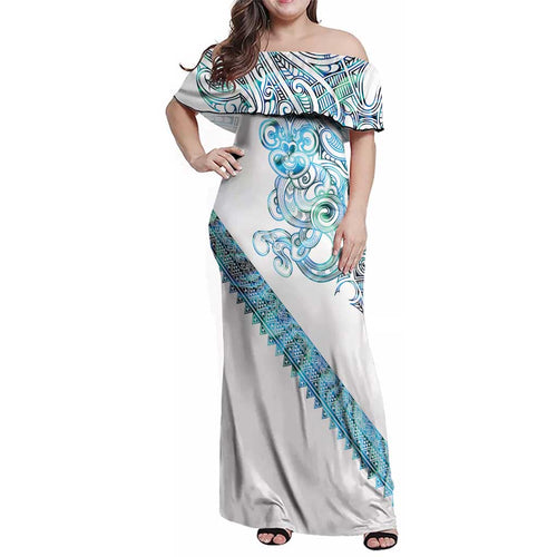 Kahui Whetu Paua shell Kowhaiwhai Taniko Personalised Family Matching Off Shoulder Maxi Dress and Hawaiian Shirt Taniwha Maori Tribal Style