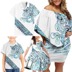 Kahui Whetu Paua shell Kowhaiwhai Taniko Personalised Family Matching Off Shoulder Short Dress and Hawaiian Shirt Taniwha Maori Tribal Style