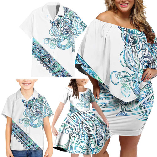 Kahui Whetu Paua shell Kowhaiwhai Taniko Personalised Family Matching Off Shoulder Short Dress and Hawaiian Shirt Taniwha Maori Tribal Style